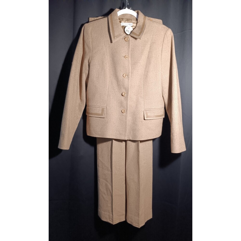 Pendleton Tan Wool Silk Suit Set Jacket 10 Pants 8 Leather Trim Classic Career - Picture 12 of 12